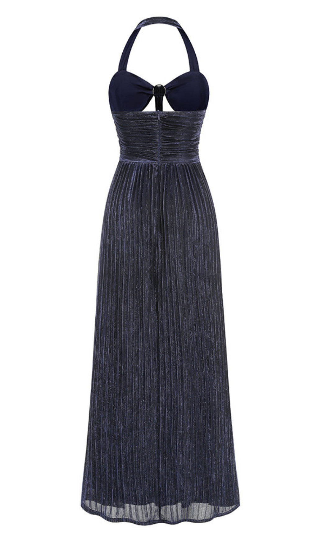 AIIZIE ELEGANT NAVY HALTER PLEATED MAXI DRESS CUTOUT WAIST GOWN - product image