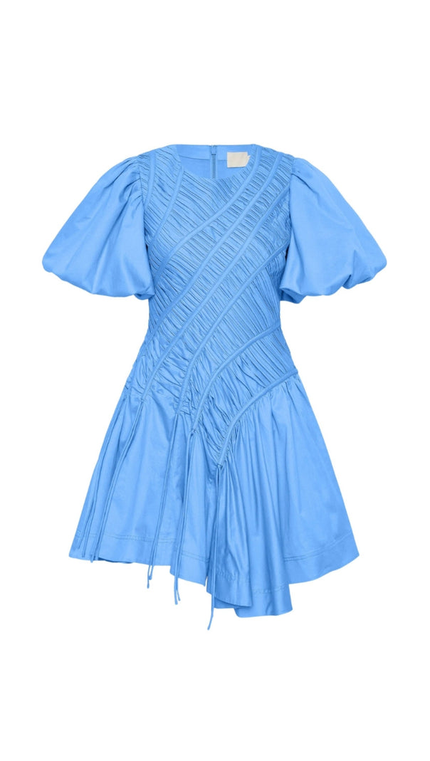 AIIZIE EUDORA ASYMMETRIC PLEATED PUFF SLEEVE MINI DRESS IN MIST BLUE - product image