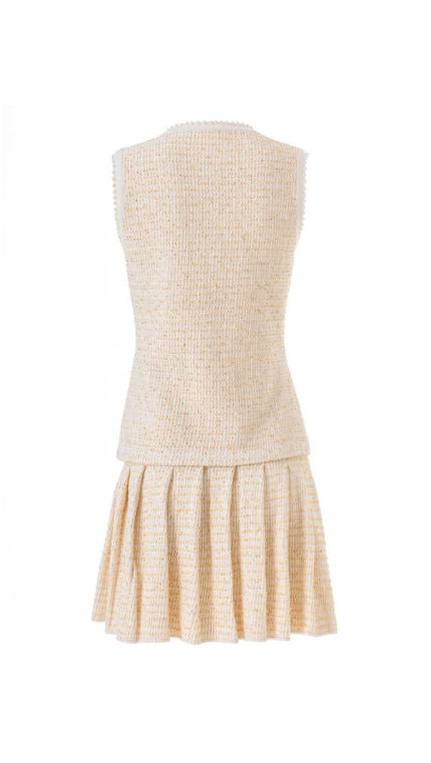 AIIZIE CELESTE TWEED BUTTON-FRONT VEST PLEATED SKIRT SET IN APRICOT - product image