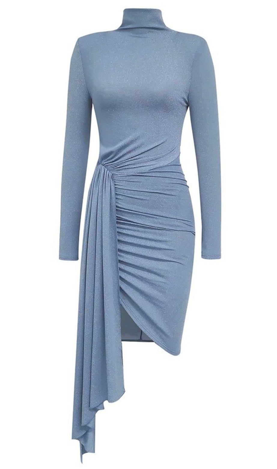 High - Neck Ruched Asymmetric Mini Dress in Light Blue