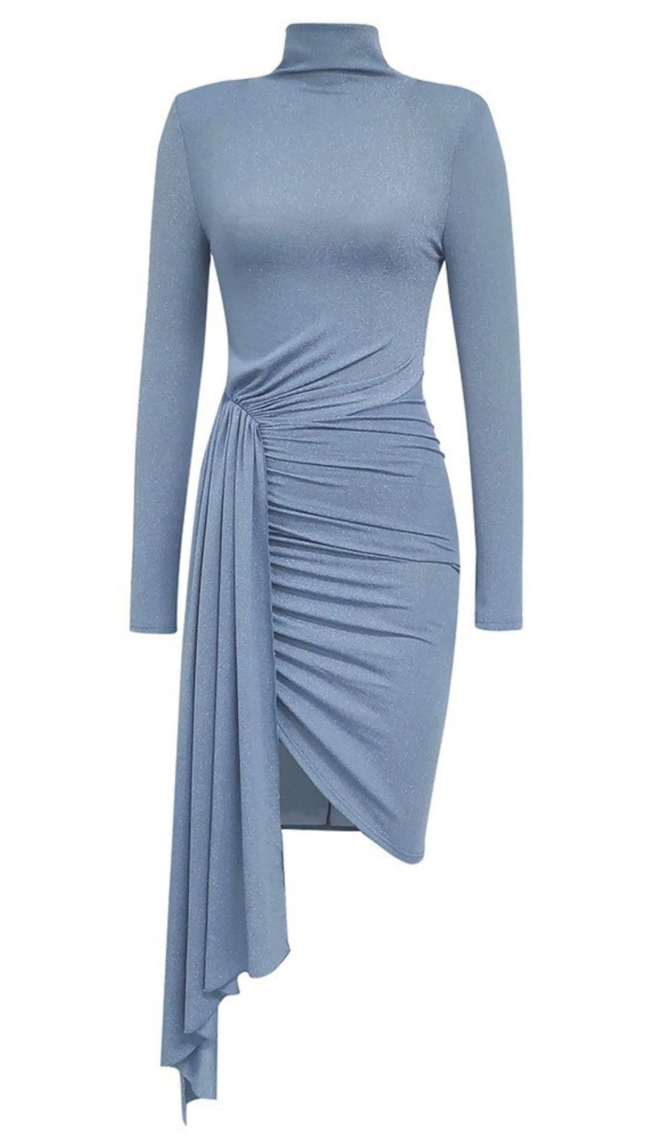HIGH - NECK RUCHED ASYMMETRIC MINI DRESS IN LIGHT BLUE