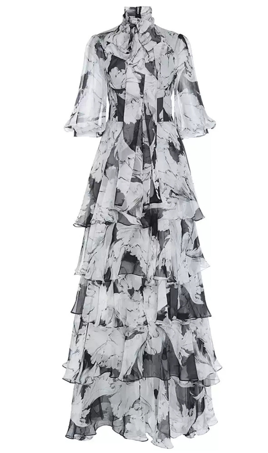 Elegant Floral Tiered Maxi Dress with Bow Neckline