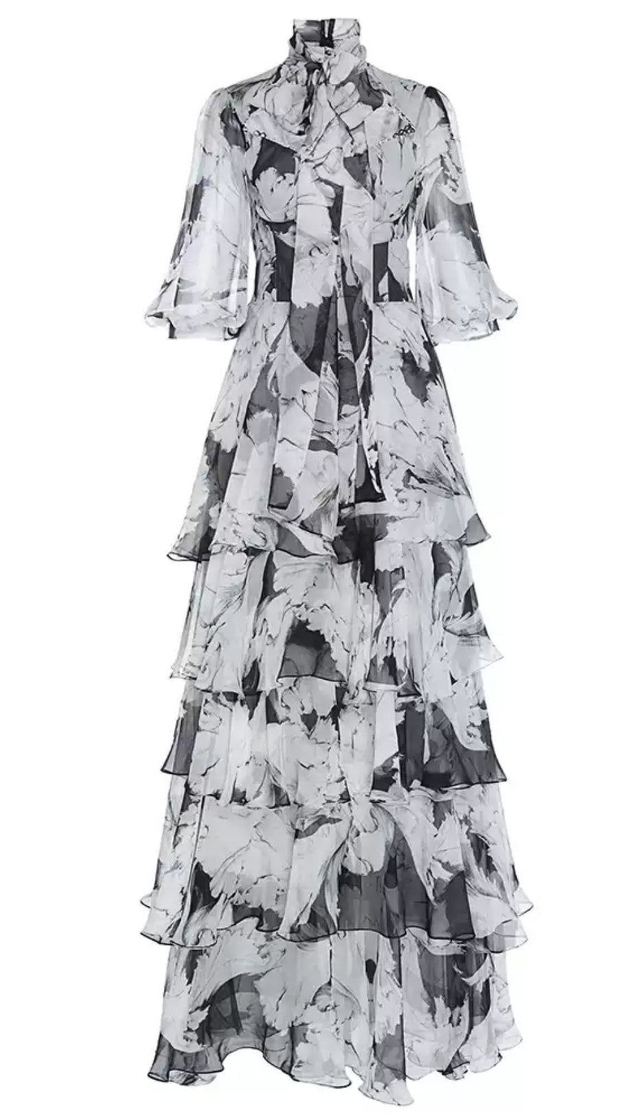 ELEGANT FLORAL TIERED MAXI DRESS WITH BOW NECKLINE