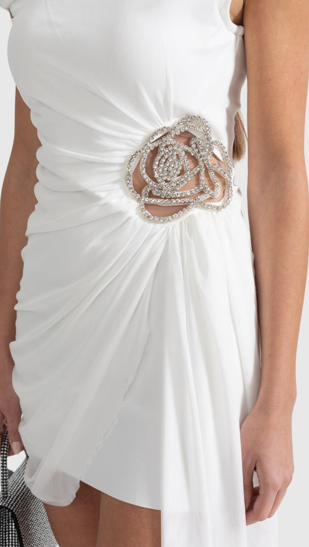 AIIZIE JANETT ONE SHOULDER FLORAL EMBELLISHED MINI DRESS - WHITE - product image