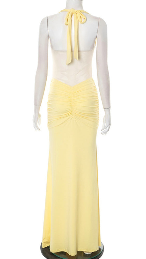 AIIZIE HALTER NECK TWIST CUTOUT RUCHED MAXI DRESS IN YELLOW - product image