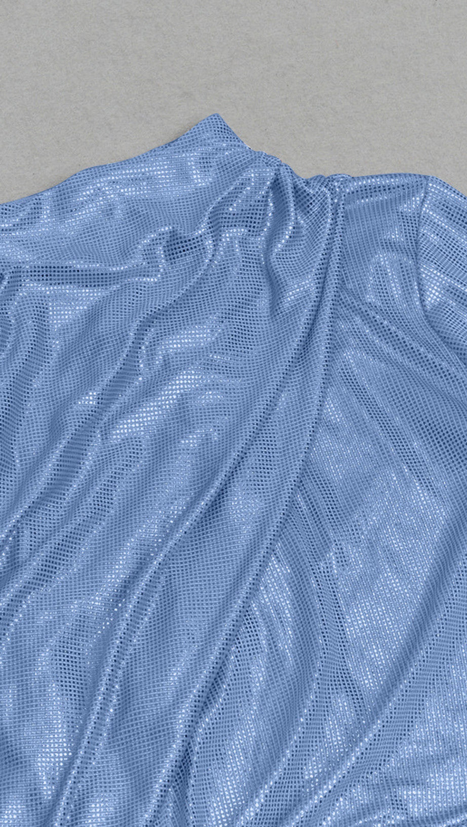 METALLIC DRAPED SLIT MIDI DRESS IN LIGHT BLUE