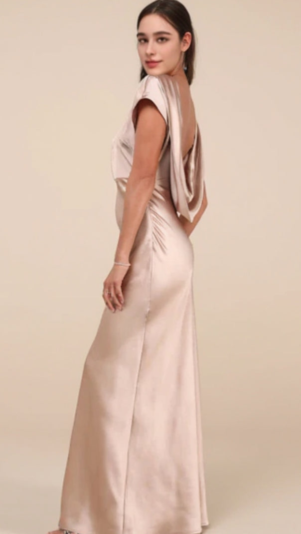 AIIZIE SATIN COWL BACK MAXI DRESS IN CHAMPAGNE - product image
