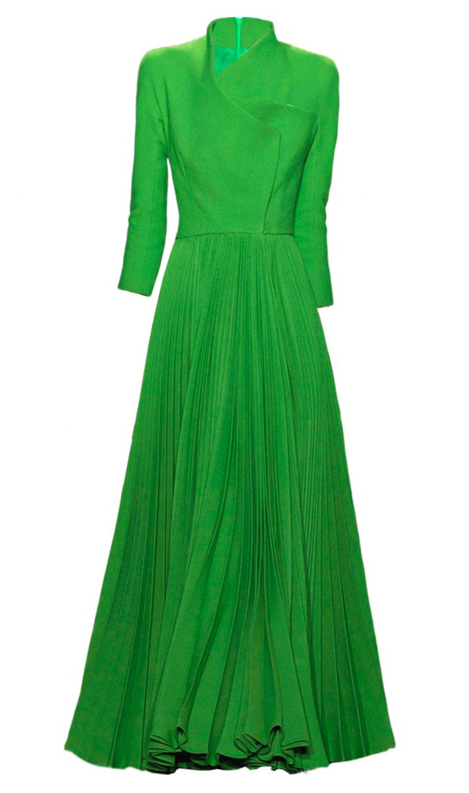 Grünes plissiertes Maxikleid mit hohem Kragen und Wickeloberteil 