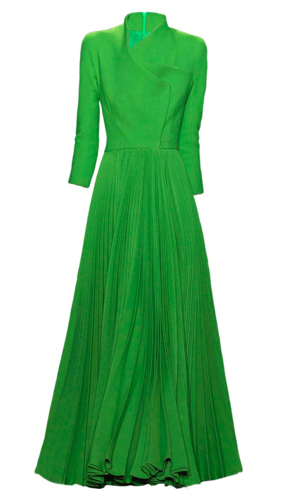 Grünes plissiertes Maxikleid mit hohem Kragen und Wickeloberteil 
