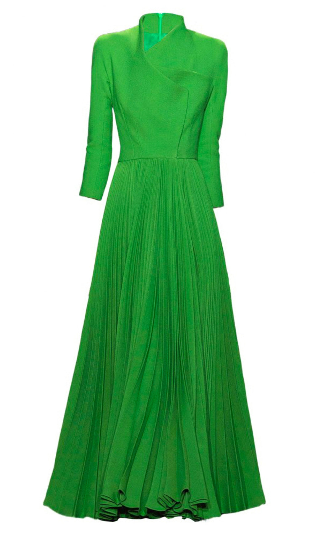 ABITO LUNGO VERDE PLISSETTATO CON COLLO ALTO E TOP AVVOLGENTE
