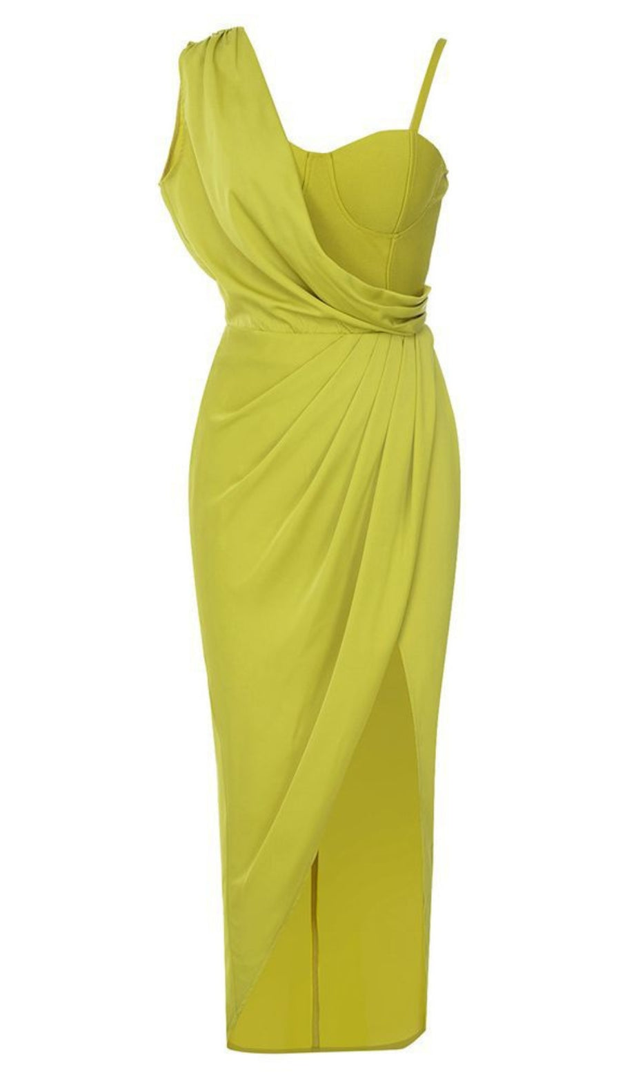 Asymmetric Draped One - Shoulder Midi Dress in Yellow