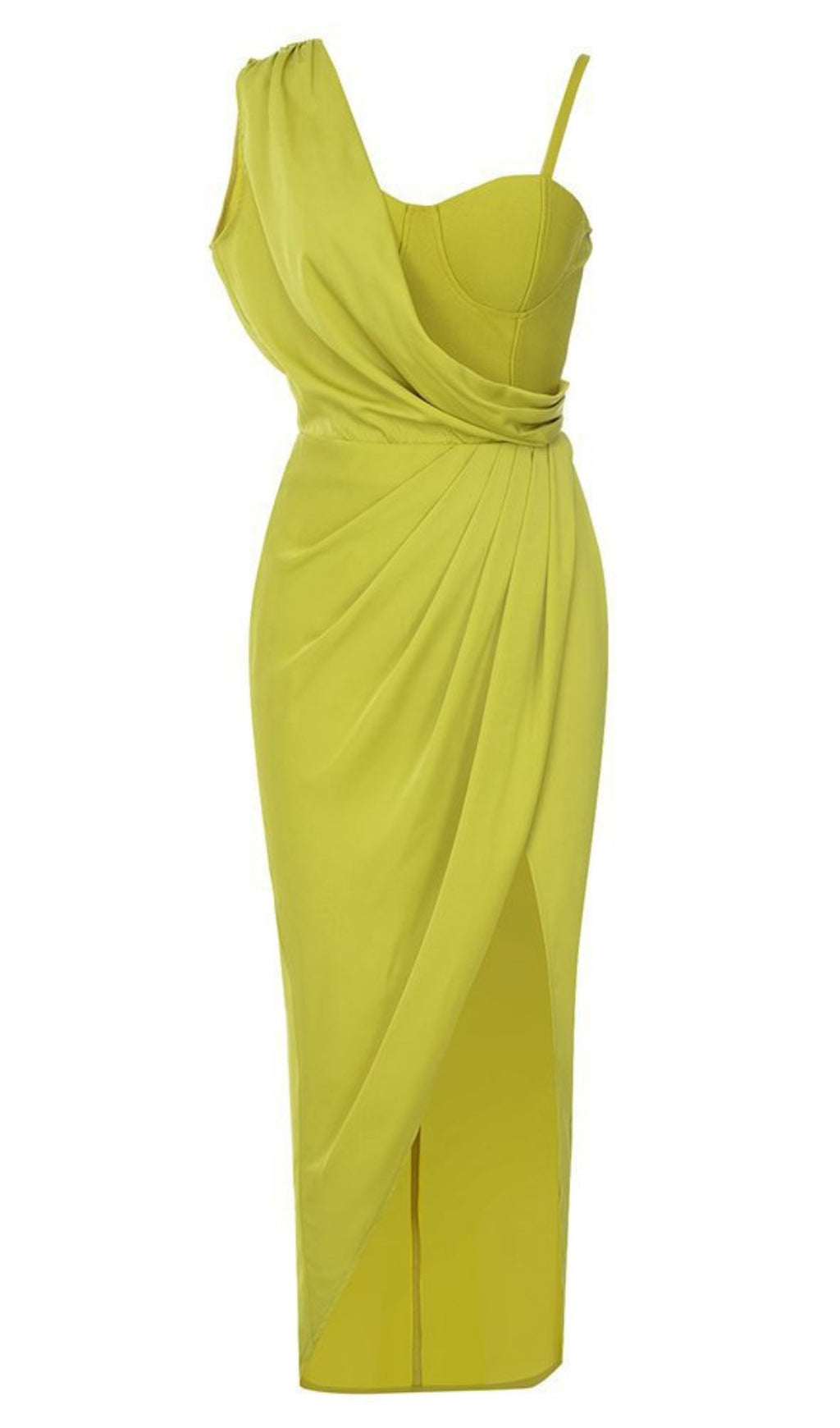 Abito midi monospalla drappeggiato asimmetrico in giallo