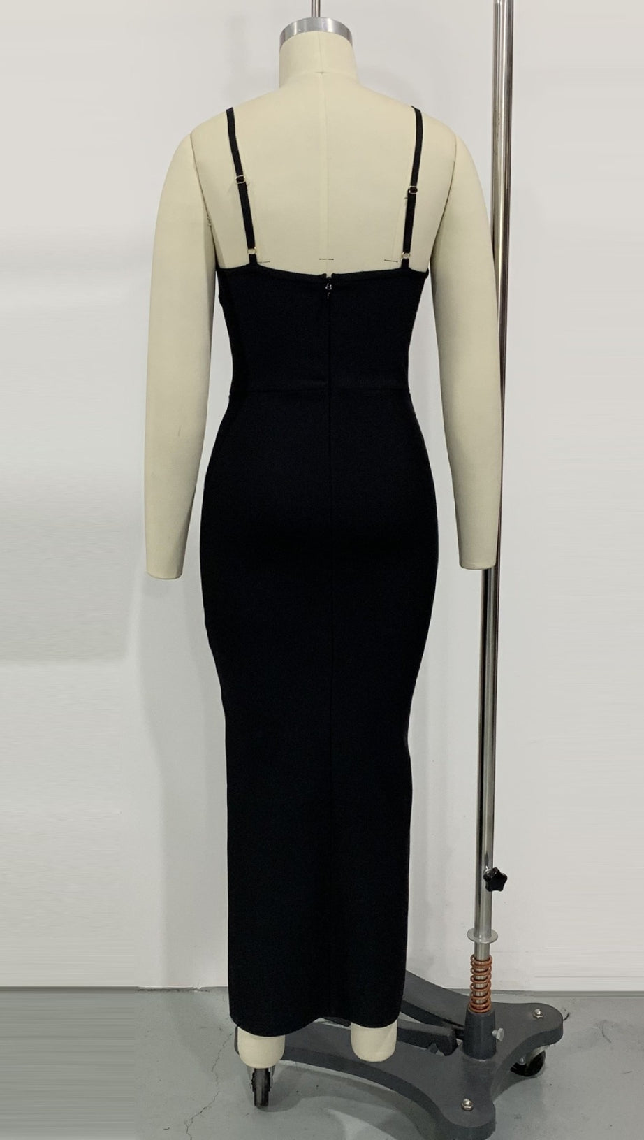 MESH - PANELED SPAGHETTI - STRAP SIDE - SLIT MIDI DRESS IN BLACK