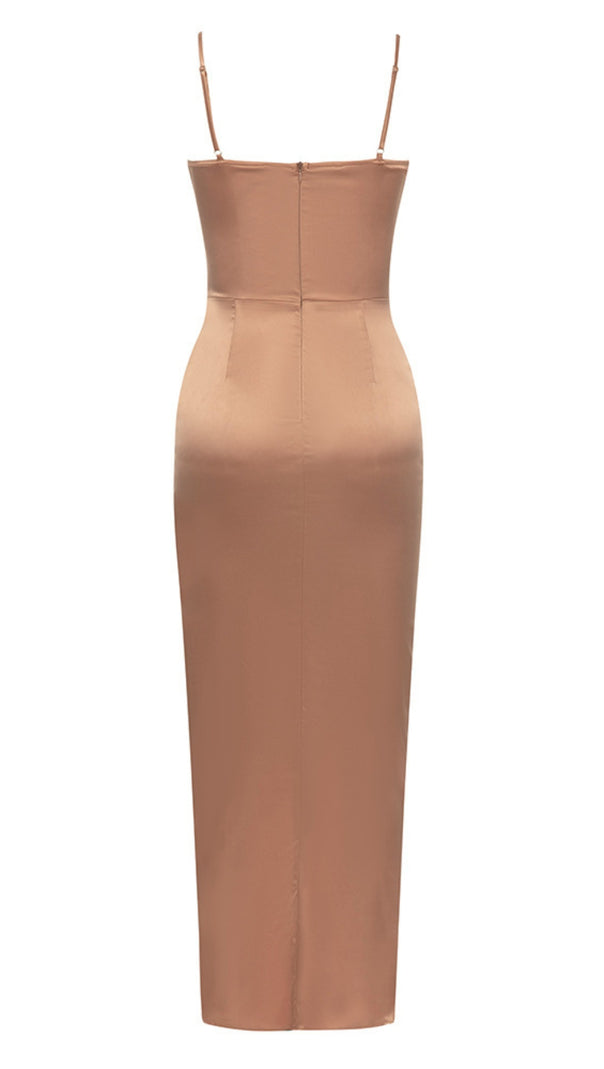 AIIZIE SATIN CUT - OUT RUFFLED - SLIT MIDI DRESS IN BROWN - product image
