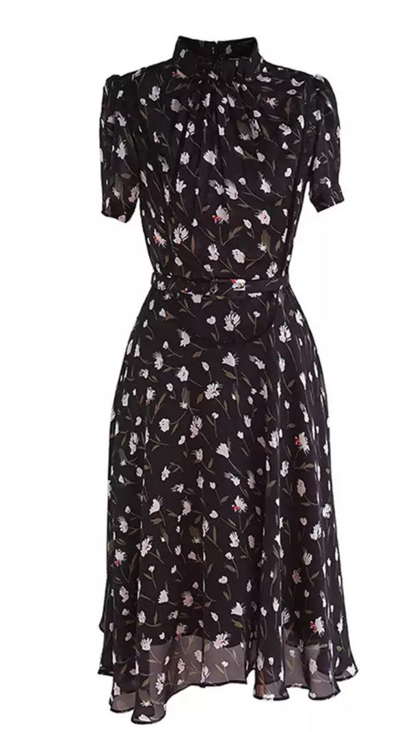 AIIZIE BLACK FLORAL PRINT DRESS WITH HIGH NECK AND BELT - product image