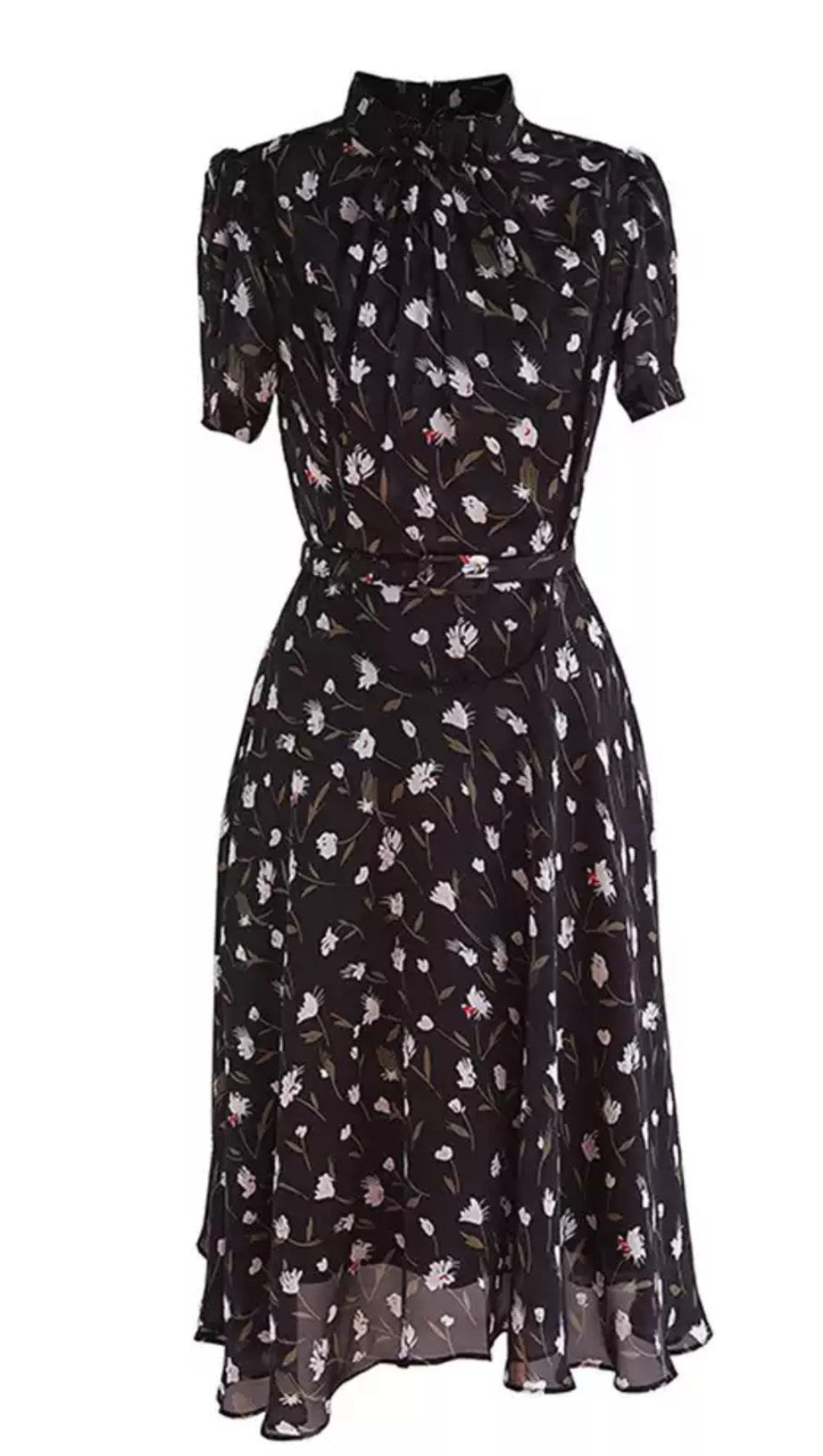 BLACK FLORAL PRINT DRESS WITH HIGH NECK AND BELT