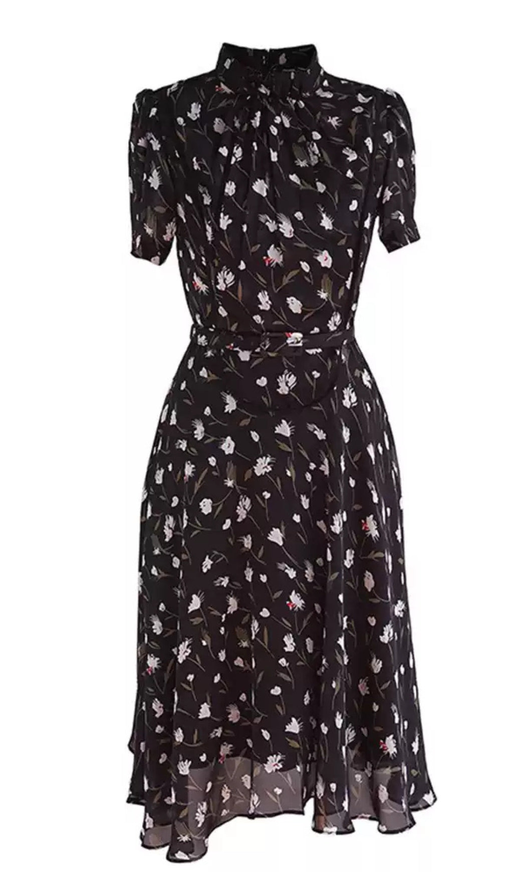 BLACK FLORAL PRINT DRESS WITH HIGH NECK AND BELT