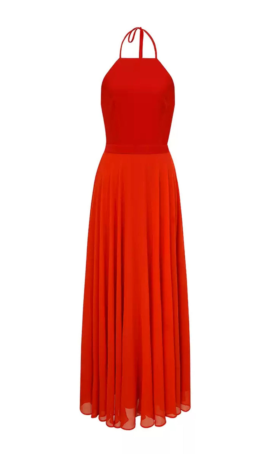 Abito lungo in chiffon rosso con scollo all'americana 