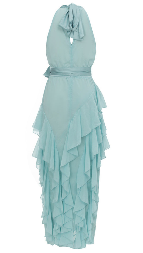 AIIZIE HALTER NECK RUFFLED - TIERED MIDI DRESSS IN LIGHT BLUE - product image
