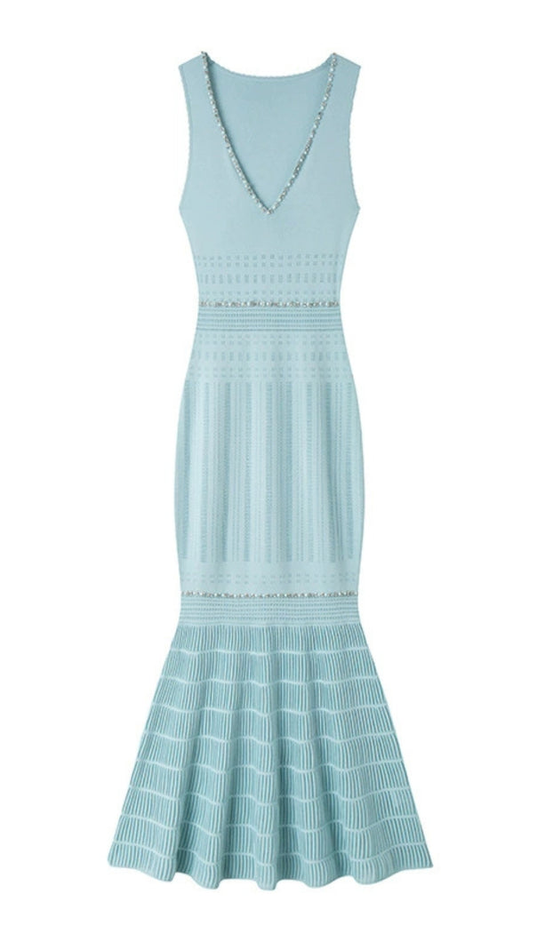AIIZIE V-NECK BEADING KNIT BODYCON MAXI DRESS IN PALE BLUE - product image