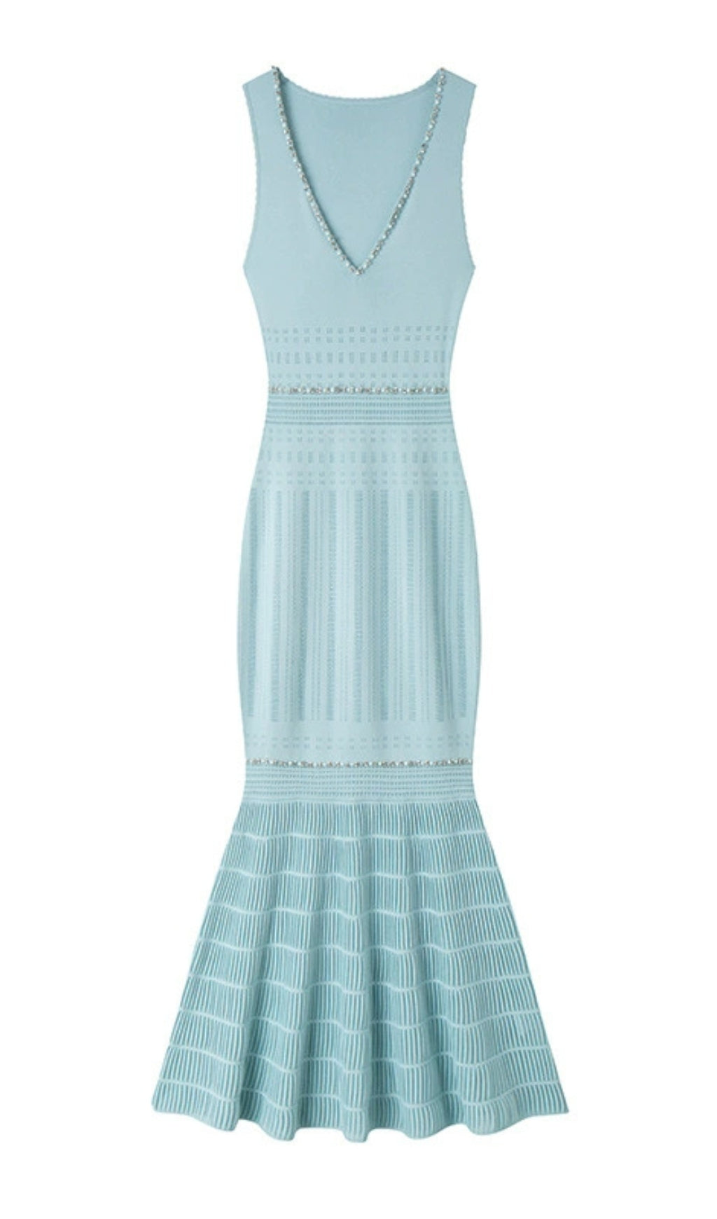 V-NECK BEADING KNIT BODYCON MAXI DRESS IN PALE BLUE