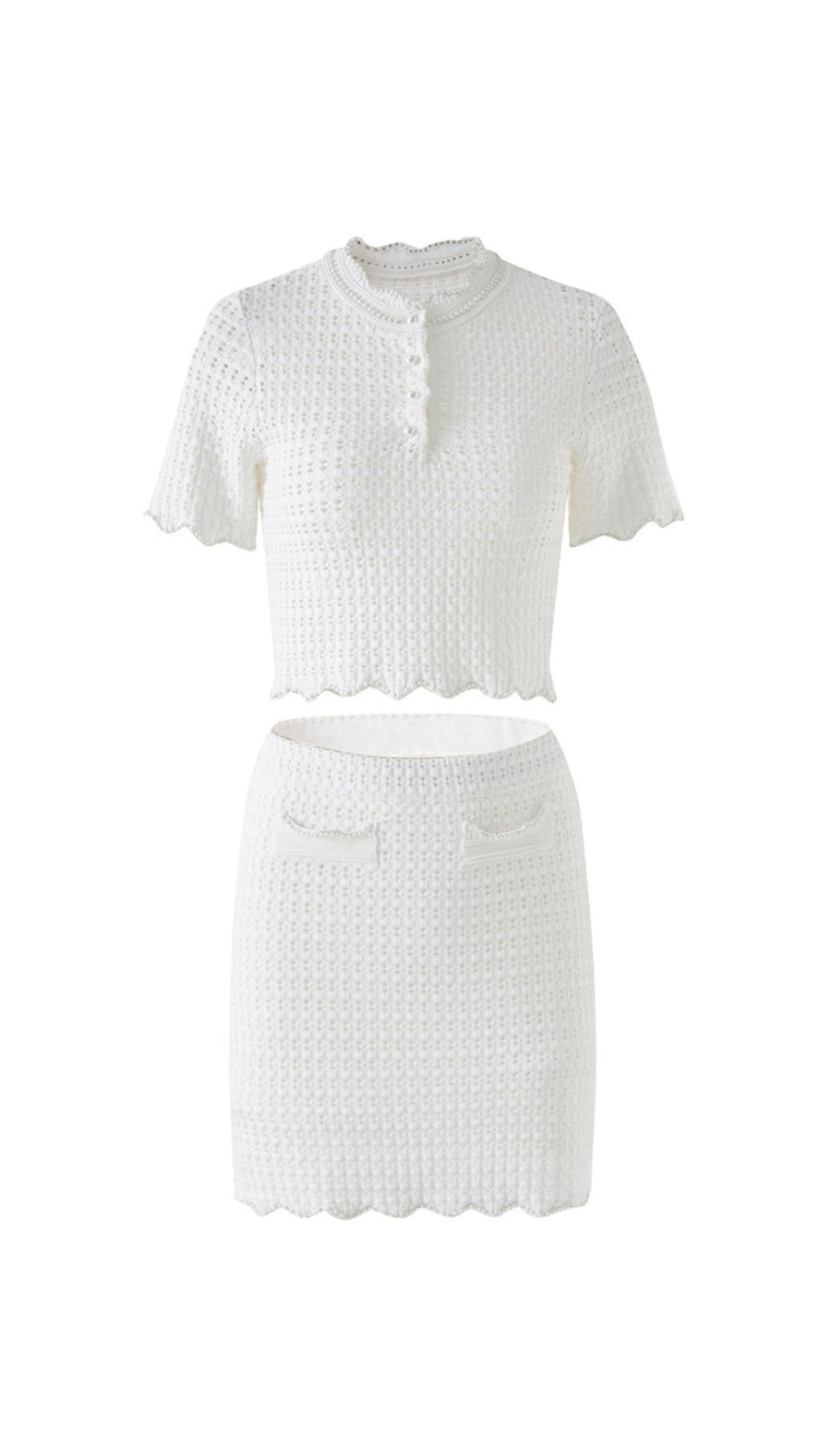 ANGELA RUFFLE TRIM PEARL BEADED KNIT SWEATER