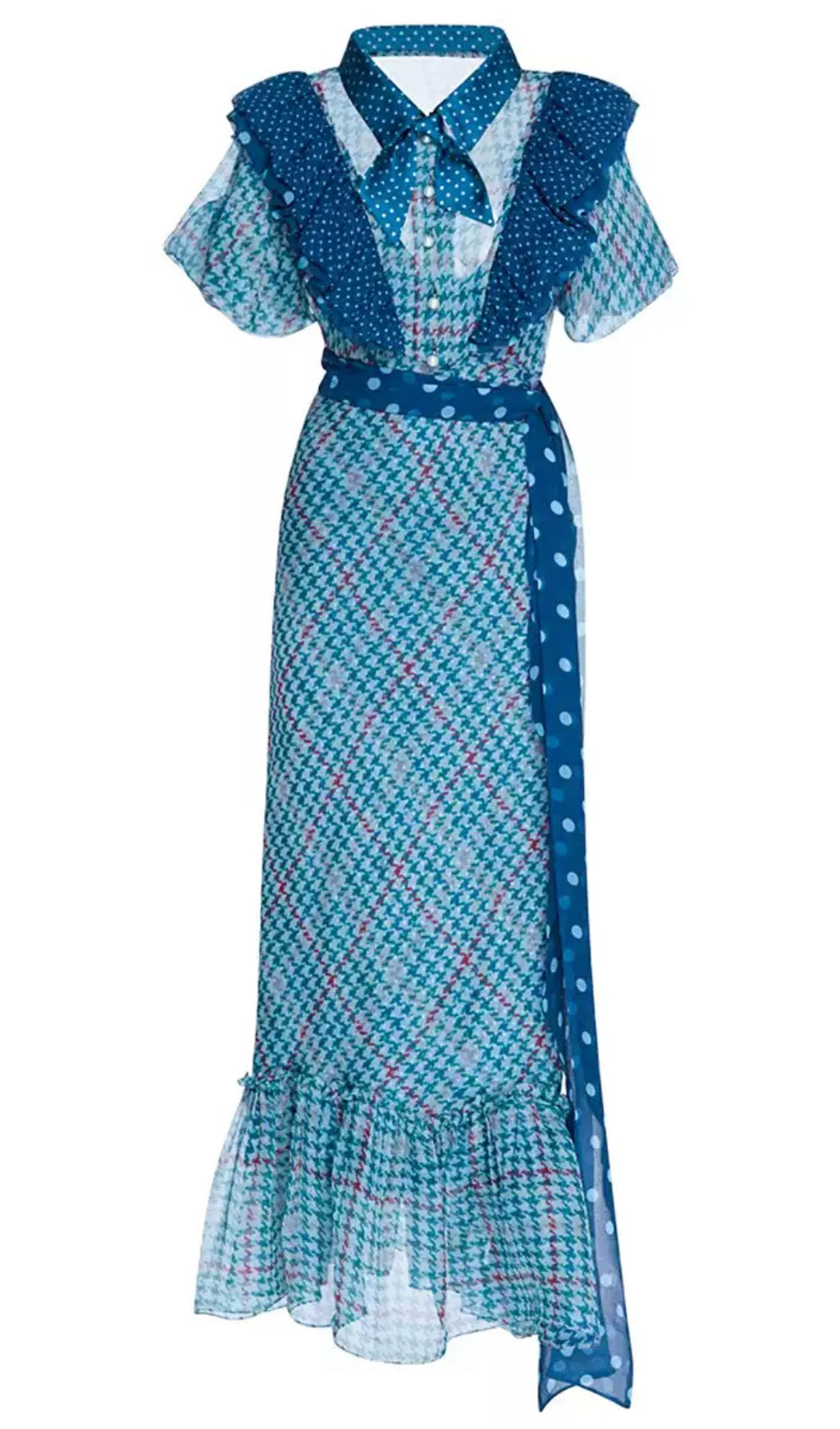 BLUE ELEGANT HOUNDSTOOTH MAXI DRESS WITH POLKA DOT ACCENTS AND RUFFLES