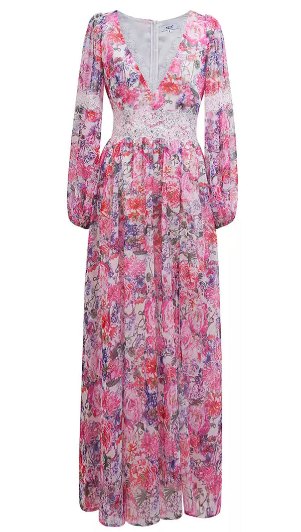 AIIZIE FLORAL CHIFFON MAXI DRESS WITH LACE WAIST AND LONG SLEEVES - product image