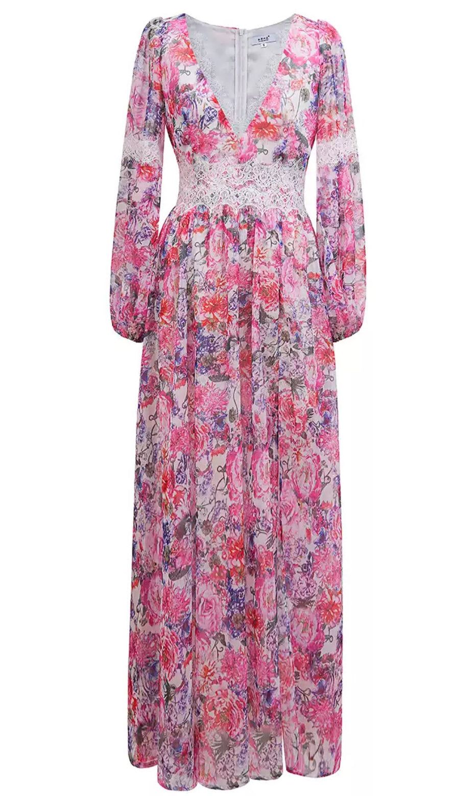 Floral Chiffon Maxi Dress with Lace Waist and Long Sleeves