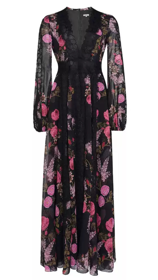 AIIZIE ELEGANT FLORAL LONG DRESS WITH V - NECK AND BELL SLEEVES - product image