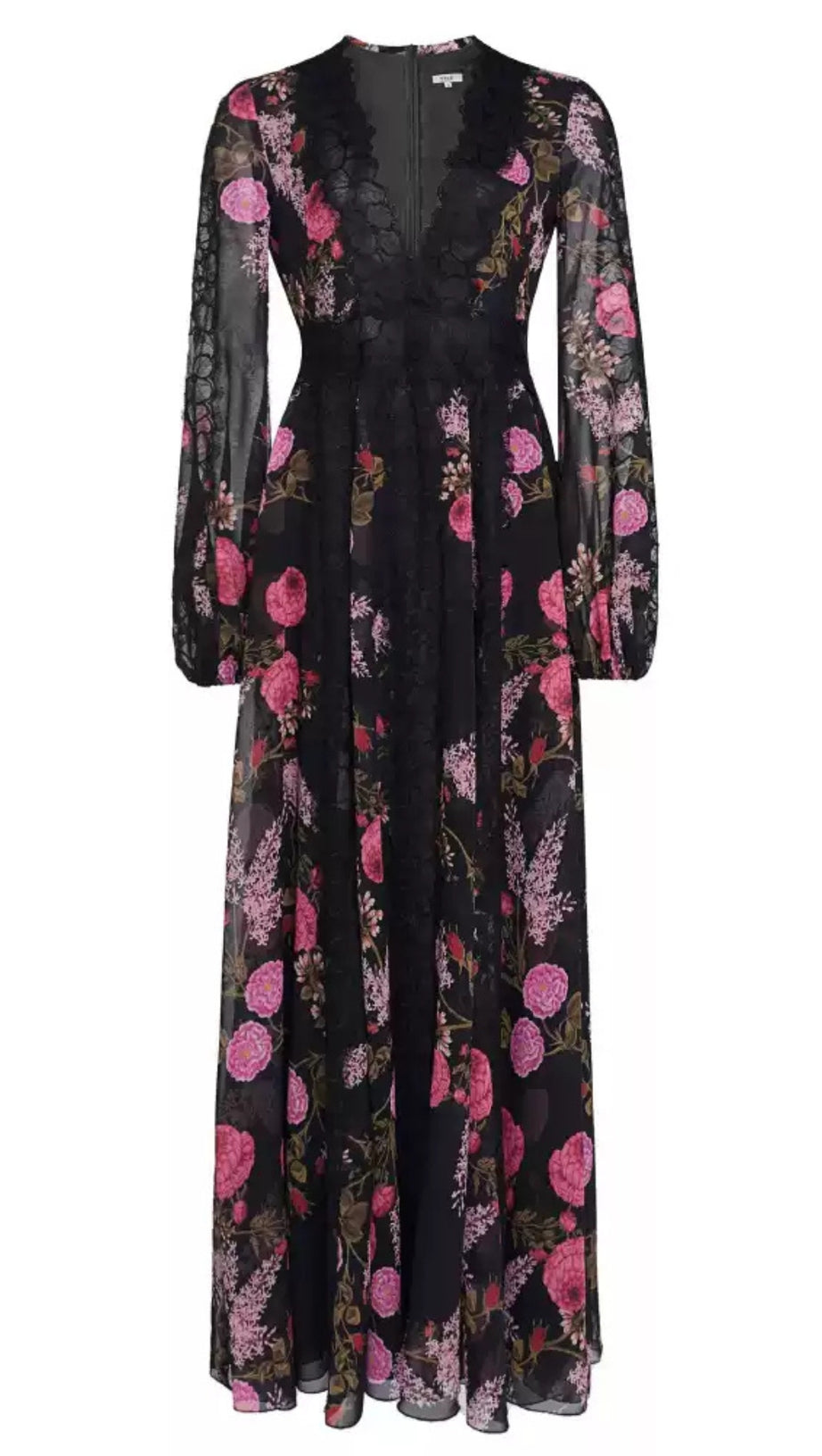 Elegantes langes Blumenkleid mit V-Ausschnitt und Glockenärmeln 