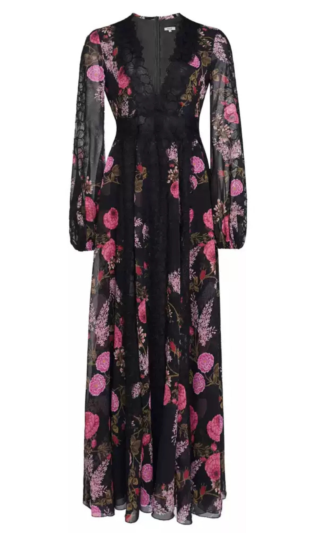 ELEGANT FLORAL LONG DRESS WITH V - NECK AND BELL SLEEVES