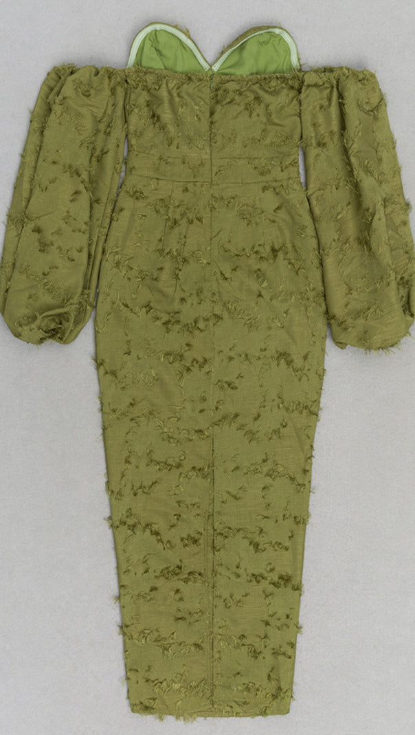 AIIZIE TEXTURED - JACQUARD OFF - SHOULDER MIDI DRESS IN OLIVE GREEN - product image