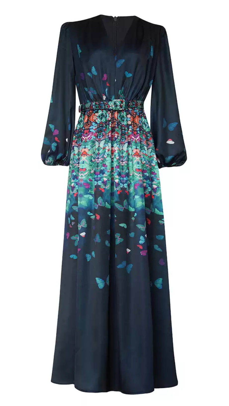 ELEGANT BUTTERFLY - PRINTED MAXI DRESS WITH BELT AND SHEER SLEEVES