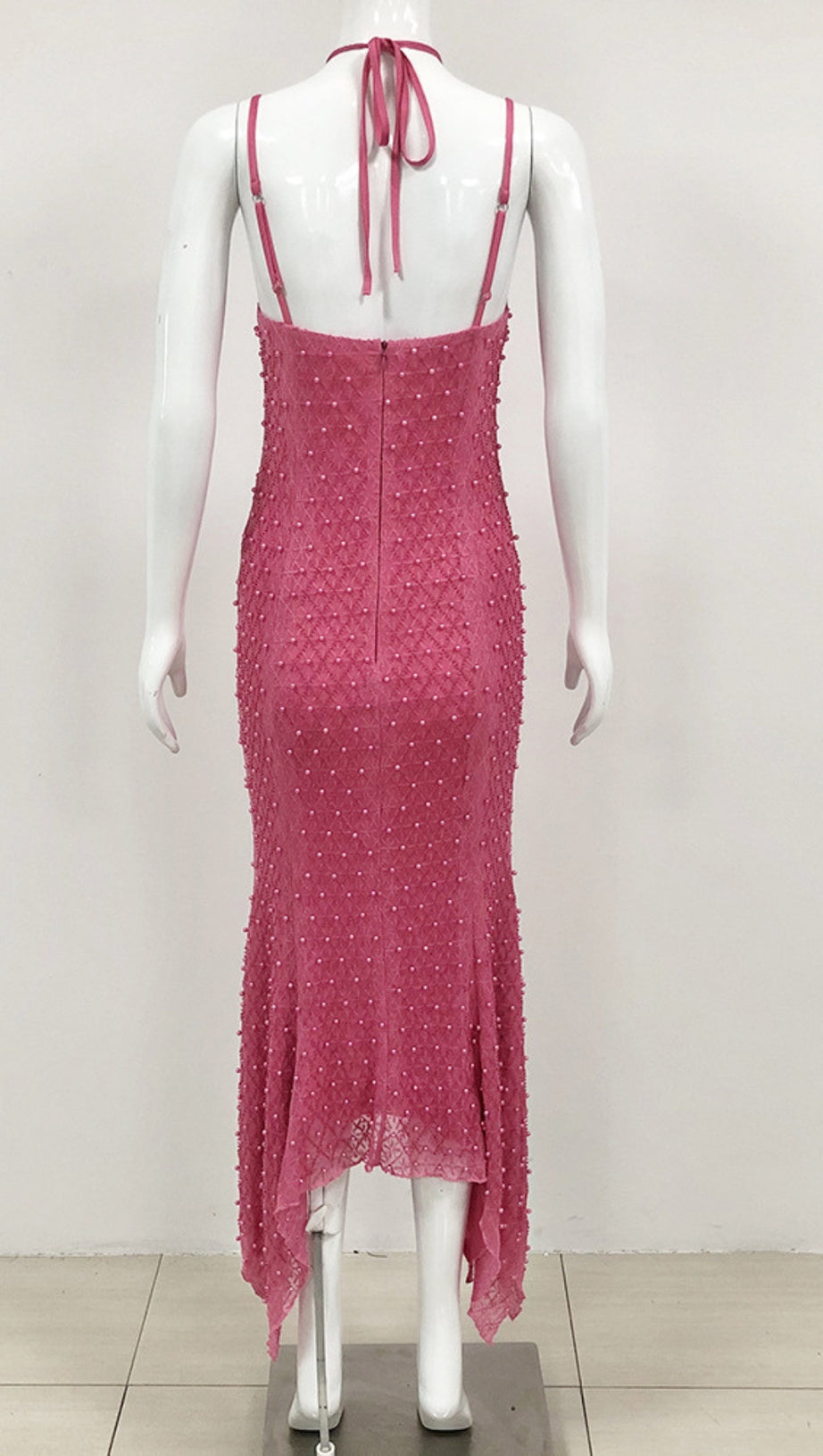 PEARL - EMBELLISHED CRISS - CROSS BACK ASYMMETRIC MIDI DRESS IN PINK