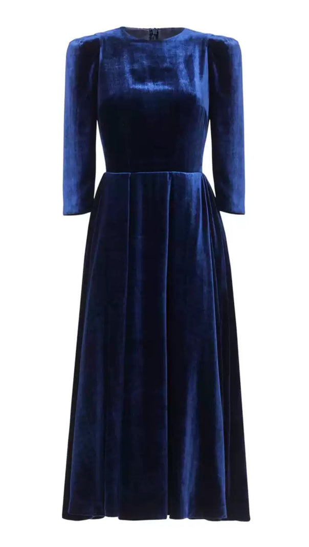 AIIZIE NAVY BLUE VELVET MIDI DRESS WITH PUFF SLEEVES - product image