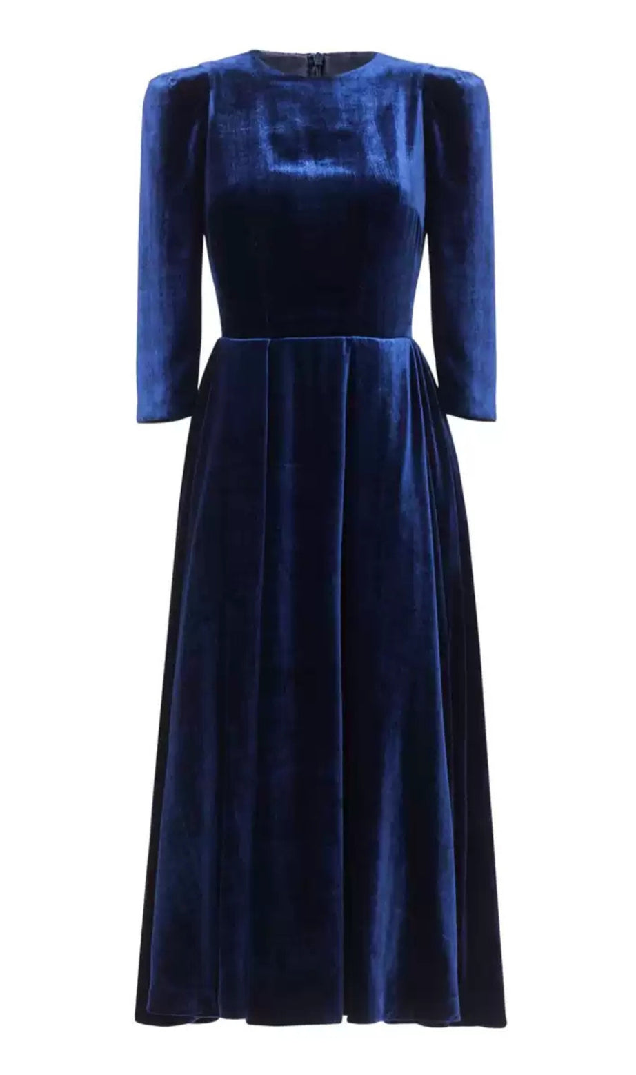 Abito midi in velluto blu navy con maniche a sbuffo 