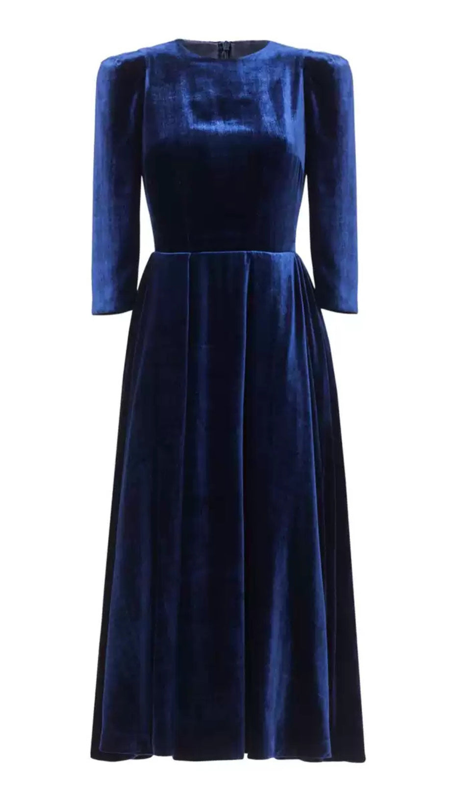 NAVY BLUE VELVET MIDI DRESS WITH PUFF SLEEVES