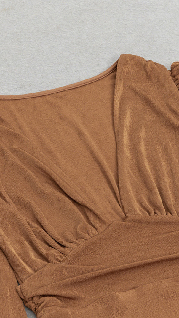 AIIZIE DEEP V - NECK PUFF - SLEEVE SLIT MIDI DRESS IN BROWN - product image