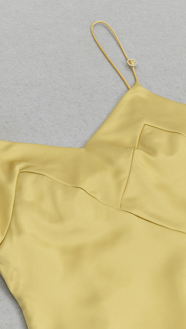 AIIZIE SATIN ASYMMETRIC RUFFLED MIDI DRESS IN YELLOW - product image