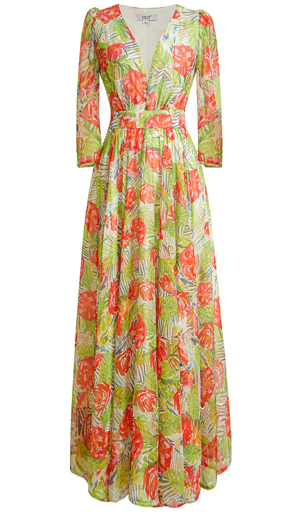 AIIZIE FLORAL PRINT V - NECK CHIFFON MAXI DRESS WITH BELT - product image