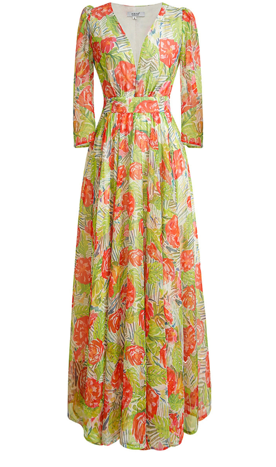Abito lungo in chiffon con scollo a V e stampa floreale e cintura 