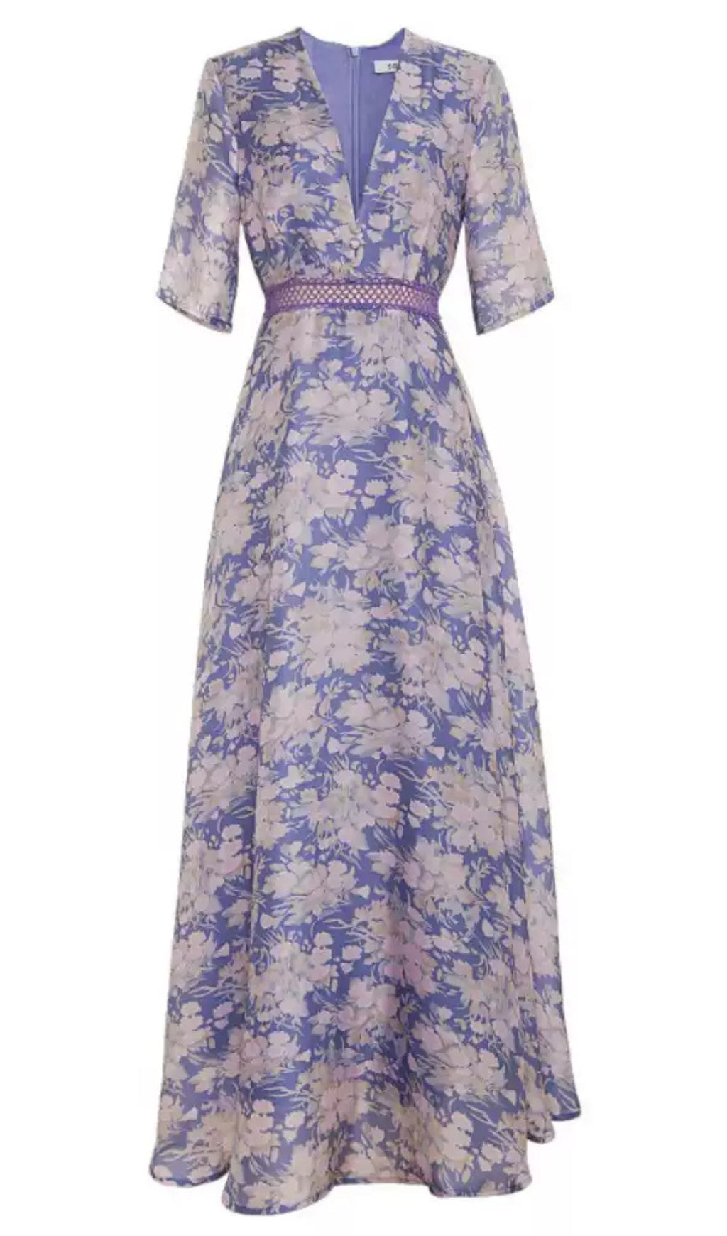 ELEGANT FLORAL PURPLE MAXI DRESS WITH V - NECK AND LACE BELT