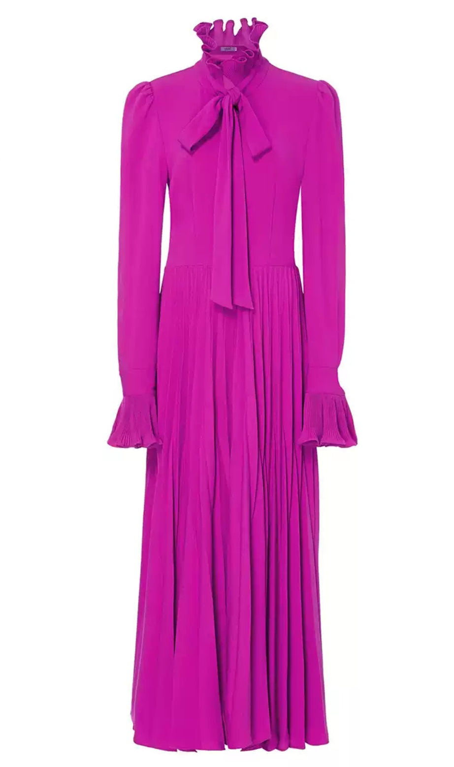 Elegantes, langärmliges, plissiertes Maxikleid mit Schleifenausschnitt 