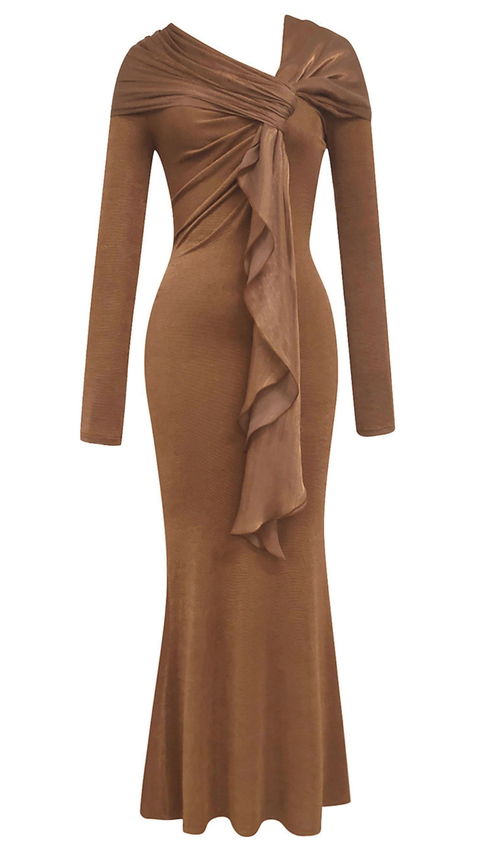 Einschultriges, gerüschtes Midi-Wickelkleid in Braun