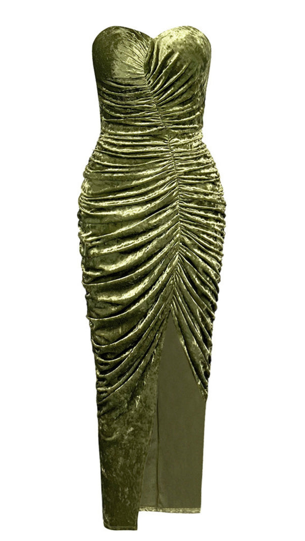 AIIZIE STRAPLESS RUCHED VELVET SLIT MIDI DRESS IN GREEN - product image
