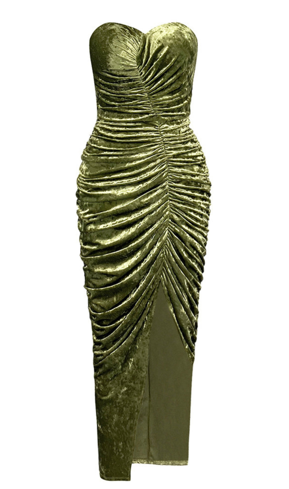 Strapless Ruched Velvet Slit Midi Dress in Green
