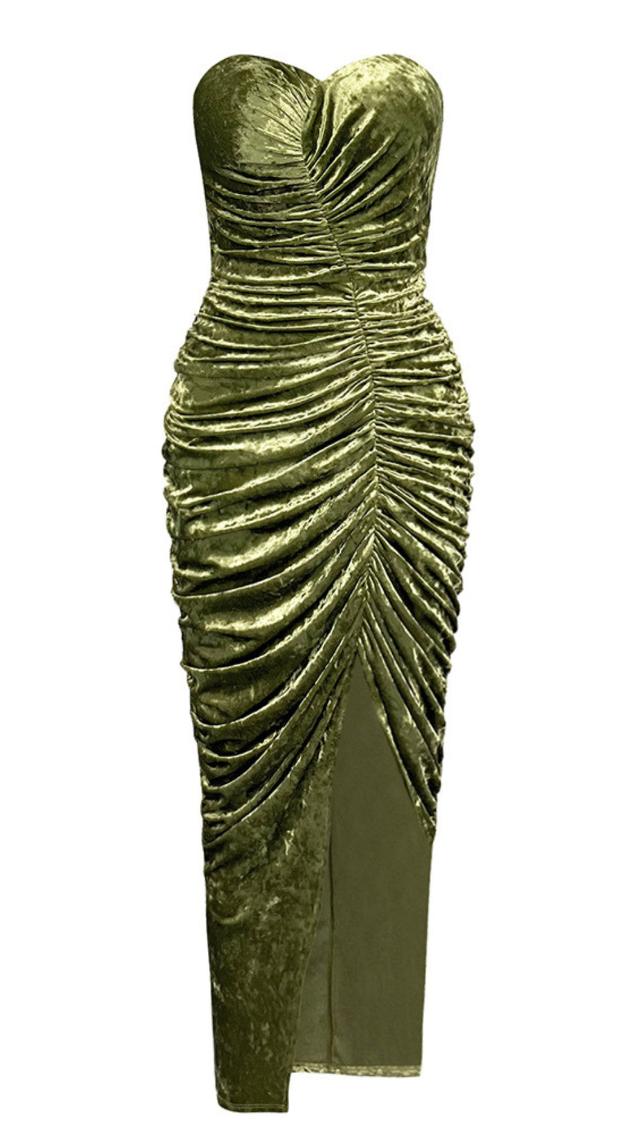 STRAPLESS RUCHED VELVET SLIT MIDI DRESS IN GREEN