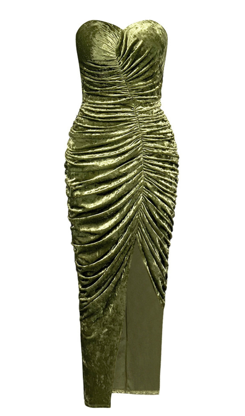 STRAPLESS RUCHED VELVET SLIT MIDI DRESS IN GREEN