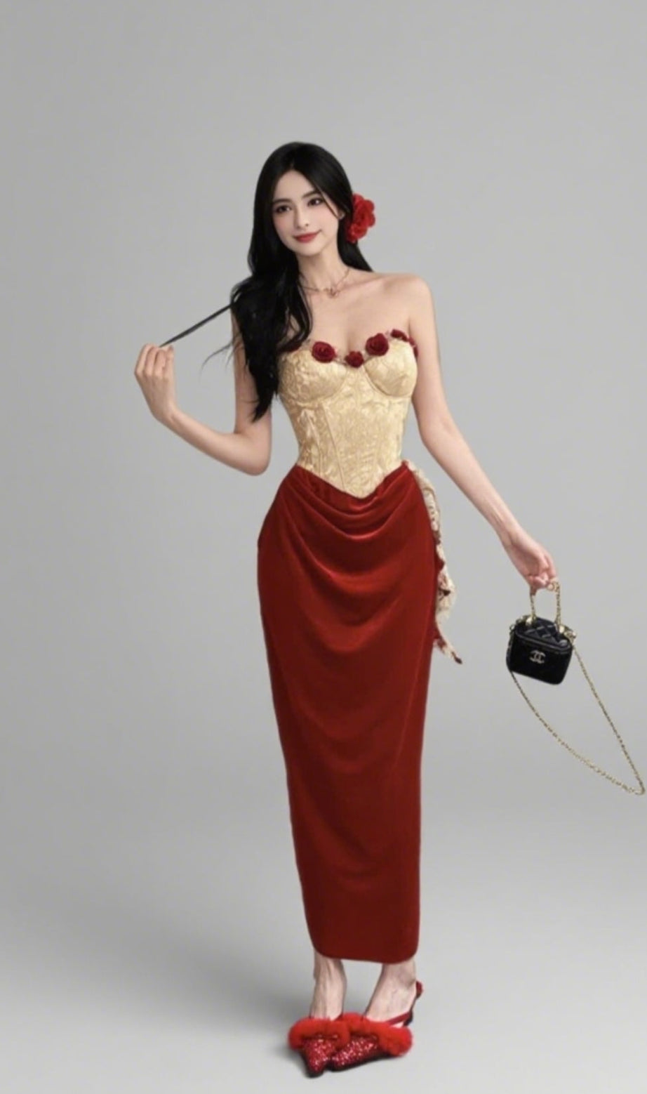 Floral Accent Strapless Midi Dress in Gold Red